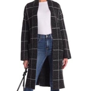 Navy Blue Windowpane Open Front Long Cardigan